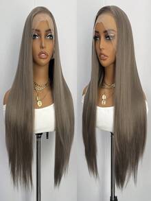 灰棕色长直发丝滑合成假发，13x4灰棕色蕾丝前假发，女士耐热日常佩戴角色扮演假发 - 彩色 - 查看 6