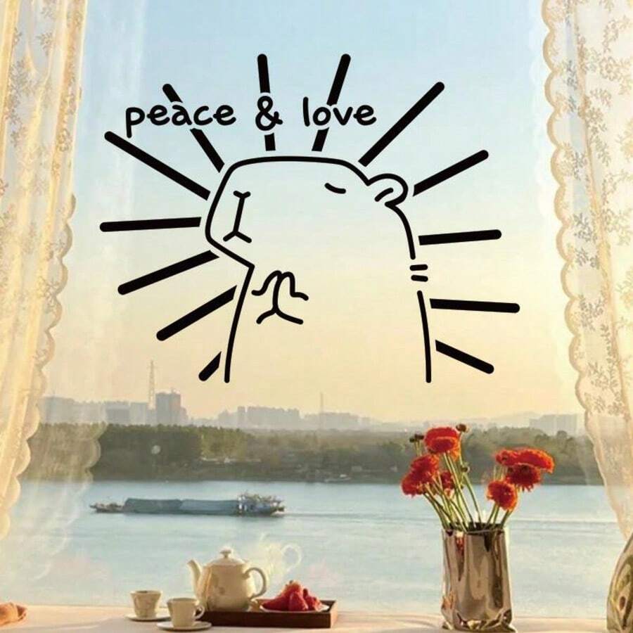 Cute Capybara "Peace And Love" Cartoon Wall Sticker For Bedroom, Living Room, Balcony, Sliding Door, Kitchen, Glass Door, Anti-Collision Decor - 1PC - View 1