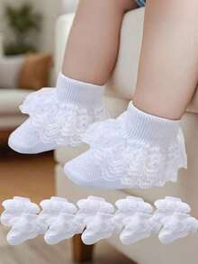 5 Pairs Newborn Baby Girls White Lace Ruffle Socks, Breathable Princess Style Pleated Socks Suitable For Newborns & Toddlers - Multicolor - View 2