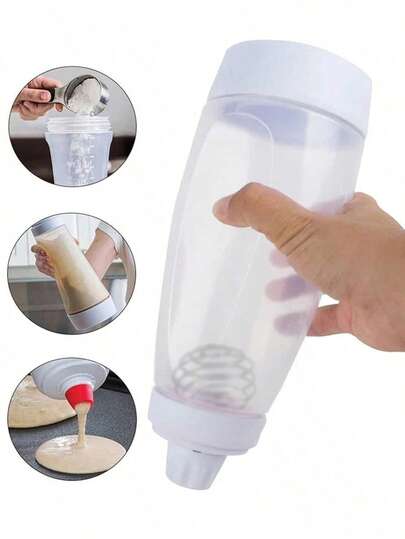 1pc Reusable Plastic Squeeze Bottle For Pancake Batter, Salad Dressing, Cupcake Icing And More, With Mixing Ball, Durable And Easy To Clean, Baking Supplies, Kitchen Tools, Baking Accessories, White, Gift For Women, Men, Household