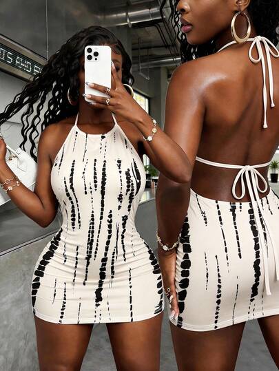 Women's Summer Y2K Sexy Backless Sleeveless Bodycon Mini Dress, White Halter Neck Bodycon Dress With Hollow-Out Back Design, Suitable For Summer Outings, Beach Vacation, Dates, Parties And Outfits