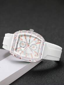 1pc Women's Silicone Watch, Fashion Casual Barrel-Shaped Dual-Eye Numeric Dial Quartz Wristwatch, Minimalist Design (Watch Box Not Included) - White - View 5