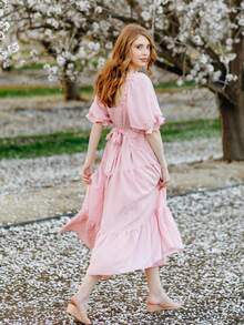 Mommy And Me Family Matching Outfits Mother Daughter Matching Dresses Summer Ruffled Hem Puff Half Sleeve Square Neck Smocked Back Off Shoulder Loose Long Maxi Dress Summer Holiday Beachwear - 粉色 - 查看 8