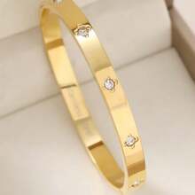 1 buah Gelang Klasik Terbuka dari Baja Titanium yang Tidak Pudar, Gelang Batu Zirkonia Empat Daun Unisex - Gelang berlian besar - View 2