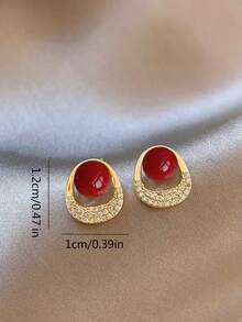 一对法式复古奢华小众红色水钻不对称几何耳环，适合女士日常及节日佩戴 - 幾何 - 查看 5