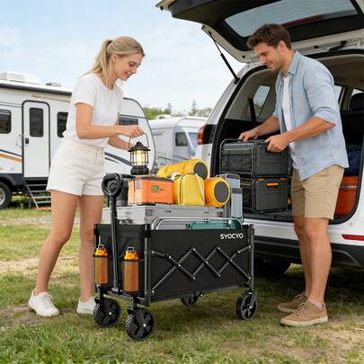 1件装便携式折叠花园手推车，户外多功能手推车，适用于草坪、运动、露营、购物等场合。耐用可折叠手推车，操作简便，无需电力。轻便多功能实用推车，专为花园、露台、庭院等户外活动设计。实用折叠设计，便于运输，全地形操控，非常适合户外活动、家居装修和周末探险。