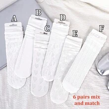 1/3/6 Pairs Women White Lace Hollow Out Socks, Heart Pattern Mid-Calf Socks, Sweet Lolita Style Socks, Straight Tube Socks Without Heels - White - View 27