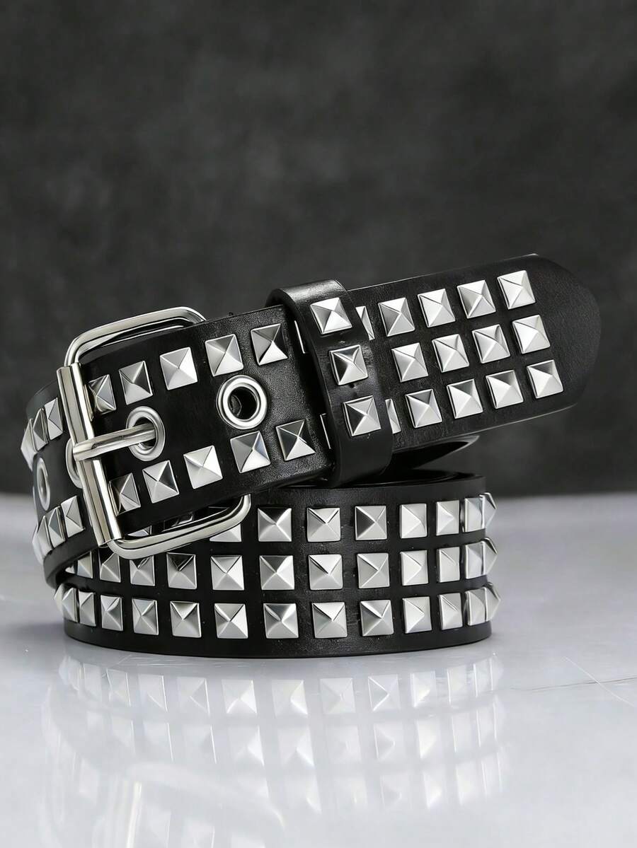 1件男女通用铆钉腰带，金属方珠金字塔腰带，欧美朋克风格配饰 - 黑色 - 查看 1