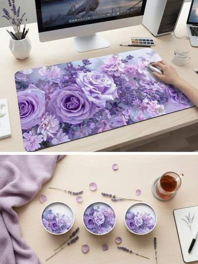 大尺寸防水防滑光滑布面紫色狂想曲玫瑰花卉插画图案鼠标垫，也可作键盘垫、桌垫或书架使用，适合游戏玩家、办公室和宿舍使用，兼容鼠标和轨迹球，适用于电脑、办公和游戏环境，是送给游戏玩家的理想礼物。