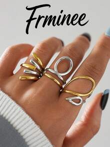Frminee 3pcs Vintage Minimalist 18K Gold Plated Line Design Stainless Steel Ring Set, Western Women's Jewelry Accessories, Suitable For Women's Daily Wear - Gold and Silver Mixed Color - View 2