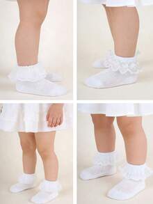 3 Pairs Random Floral Lace White Socks, Floral Embroidery Mesh Ruffle Trim Princess Socks, Elegant High-End Student Socks - White - View 12