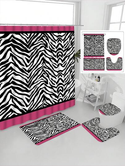 4pcs Fuchsia Bordered Zebra Print Bathroom Curtain Set, Style, Spring/Summer Theme Bathroom Shower Curtain Set, Includes Bath Mat, U-Shaped Toilet Mat, Toilet Lid Cover, Waterproof Shower Curtain, Fashionable Curtain, No Drilling Required, Polyester, Machine Washable