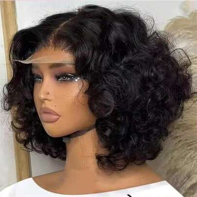 14 Inch 200% Density Body Wave 13x4 13x6 Lace Frontal Wig Deep Water Wave 5x5 Glueless Put And On Bob Wigs Human Blended Hair With Fiber Transparent Natural Black Color Wigs Pre Plucked With Baby Hair 28 Inch Long