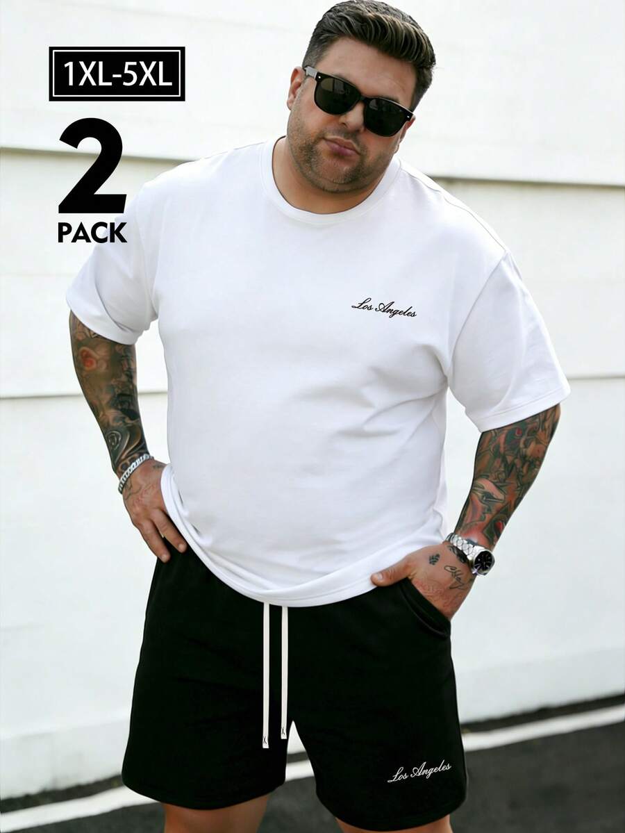 Plus Size Men's Simple Crew Neck Short Sleeve Top And Shorts Set, Casual Summer Outfit - Black and White - View 1