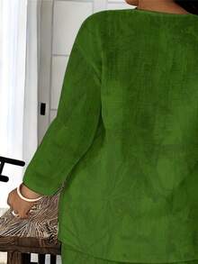 Plus Size V-Neck Half Sleeve Top & Wide Leg Pants Two-Piece Set For Mature Women, Emerald Green Solid Color Texture Print, Loose Breathable Outfit, Comfortable Versatile Wear For Spring/Summer Travel & Home - 彩色 - 查看 6