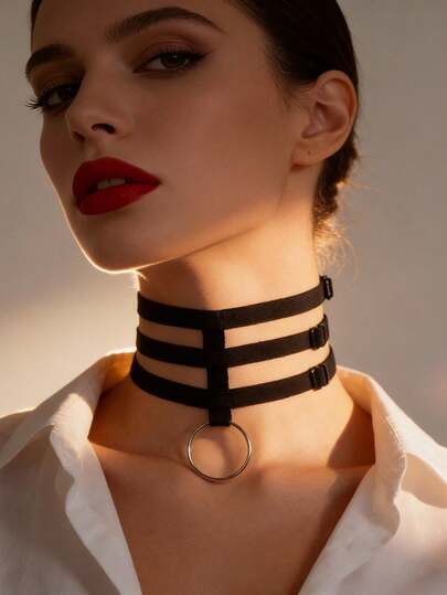1 PC Layered Strap PU Leather Choker With O-Ring, Edgy Streetwear Collar, Statement Neck Accessory For Women Club & Party Essential Accessory