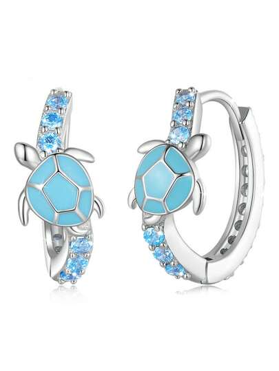 925 Sterling Silver Cute Blue Turtle Cubic Zirconia Hoop Earrings, Suitable For Daily Wear, Birthday Gift
