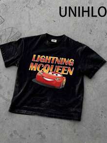 Disney Lightning McQueen  Printed Summer Heavyweight Retro Washed Street Fashion Casual T-Shirt - 黑色 - 查看 6