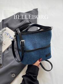 Contrast Color Denim Retro Bucket Tote Bag, Commuter Handbag For Women - Black - View 1