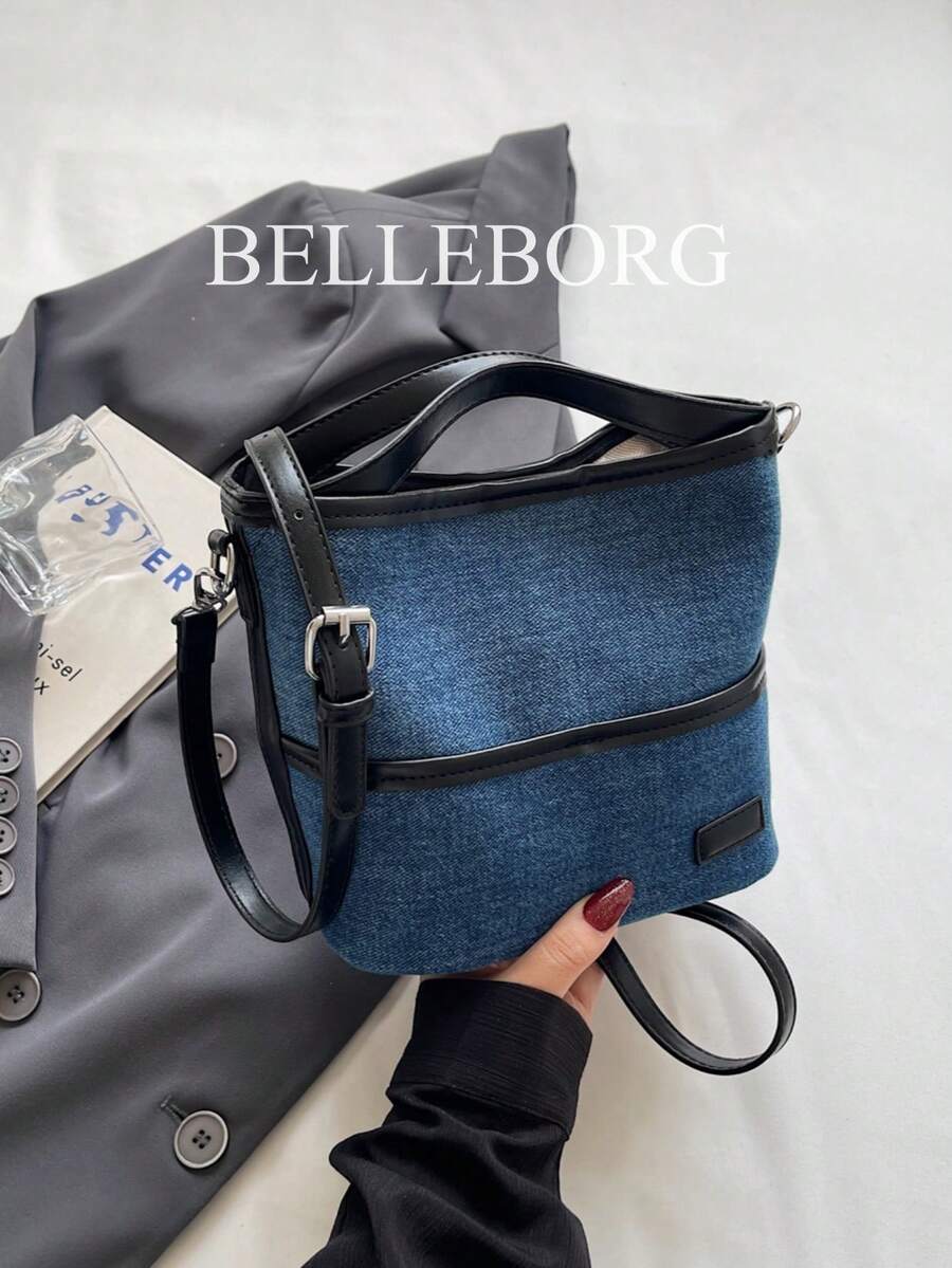 Contrast Color Denim Retro Bucket Tote Bag, Commuter Handbag For Women - Black - View 1
