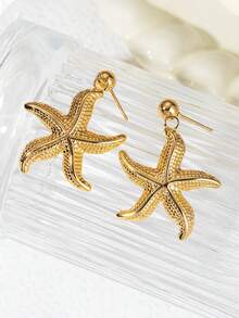 Mazuer 一对18K镀金纹理海星吊坠耳环，不锈钢球形耳钉，适合女士海滩度假、日常佩戴、约会、母亲节礼物 - 海星 - 查看 2