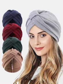 1顶女士罗纹交叉弹力帽，复古时尚帽子头巾，适合日常佩戴 - 彩色 - 查看 8