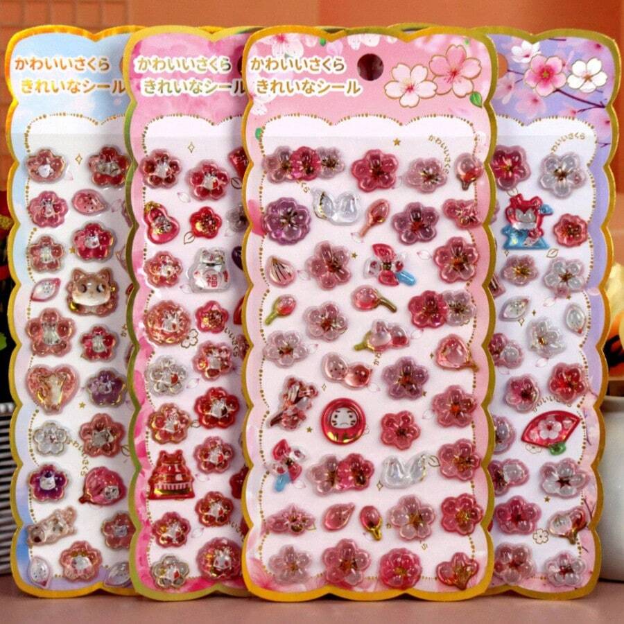 1/2/4pcs New Japanese Style 3D Embossed Cherry Blossom Stickers, Children/Girls Rhinestone Crystal Stickers, Fun Creative Diamond Phone Decorative Stickers