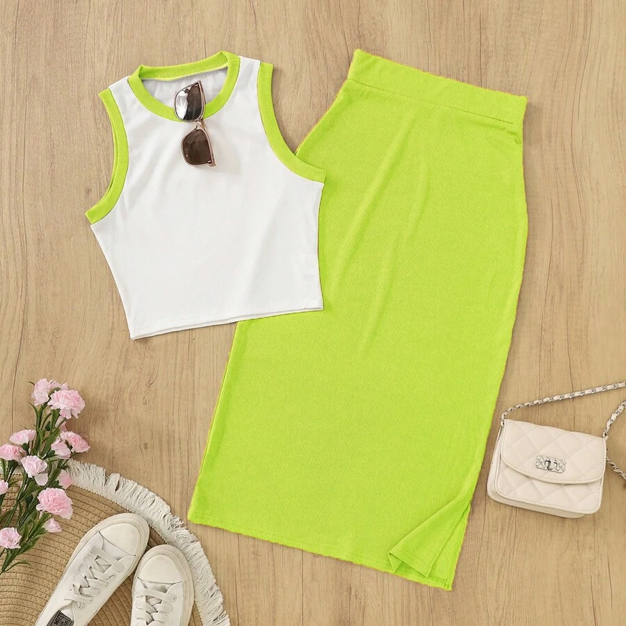 Bộ đồ 2 món thanh lịch màu trơn phong cách nghỉ dưỡng cổ điển dành cho nữ, gồm áo hai dây và chân váy maxi, viền tương phản. - Màu trắng và xanh lá cây huỳnh quang - Xem 1