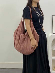 Large Capacity Solid Color Shoulder Bag, Waterproof Nylon Material, Minimalist Unisex Crossbody Bag, Zipper Closure, Casual Versatile Tote Bag Suitable For Work, Study, Travel - Rusty Rose - View 11
