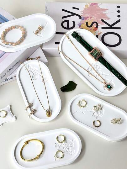 Elegant Vintage French Floral Relief Oval Jewelry Tray Set - White Aesthetic Vanity Desk Organizer & Jewelry Photography Prop For Rings, Necklaces, Bracelets & Watches Storage & Display