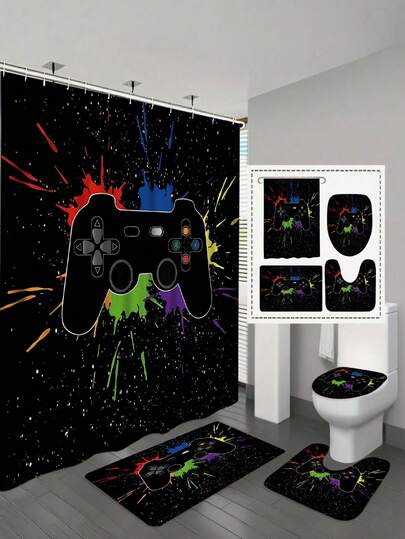 1/4 件套游戏主题浴帘套装，经典游戏手柄图案浴帘，浴室帘，包含防滑垫、马桶盖套、地毯和 12 个挂钩，彩色泼墨浴室装饰套装
