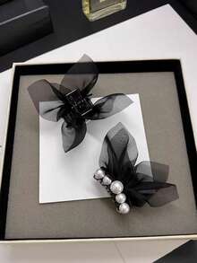 2pcs Pearl Mesh Bow Hair Clips, Elegant Side Bangs Clip Hairpin, Suitable For Any Occasion - Multicolor - View 2