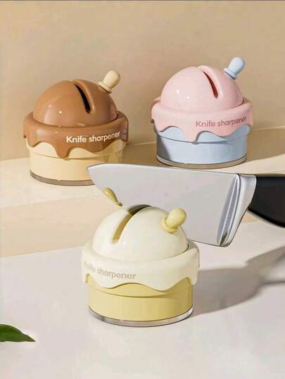 MINKOJA 1pc Suction Cup Ceramic Sharpener Ice Cream Design Double Grit Whetstone For Kitchen Knives Scissors Creative Gift For Home Cooks Christmas Stocking Fillers Holiday Must Haves