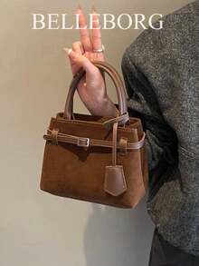 BELLEBORG Túi xách nữ nhỏ vuông đa năng, thanh lịch, phối màu tương phản, kiểu dáng retro, chất liệu vải canvas và da, khóa cài. - Cà phê - Xem 8