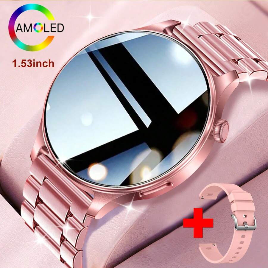 男女通用 1.53 英寸高清大 AMOLED 屏幕智能手表，全触控，100 多种运动模式，支持健身、无线通话、信息接收、计步器、卡路里计算、自定义表盘、闹钟、天气预报、音乐遥控播放，适用于安卓和 iOS 智能手环 - 彩色 - 查看 1