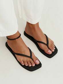 1 Paar Damen Flache PVC Dünne Riemen Flip-Flops, Elegant Lässig Einfarbig Quadratische Zehenpartie Weiche Sohle Leicht Schnelltrocknend, Sommer Strand Urlaub - Flip Flops - Übersicht 4