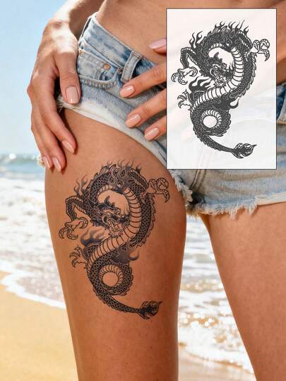1pc Herbal Juice Semi-Permanent Magic Tattoo Sticker, Cool Fierce Dragon Design Realistic Temporary Tattoo, Chinese Style, Suitable For Arm, Chest, Back, Leg, Cover Scars, Waterproof, Non-Reflective Body Tattoo Sticker