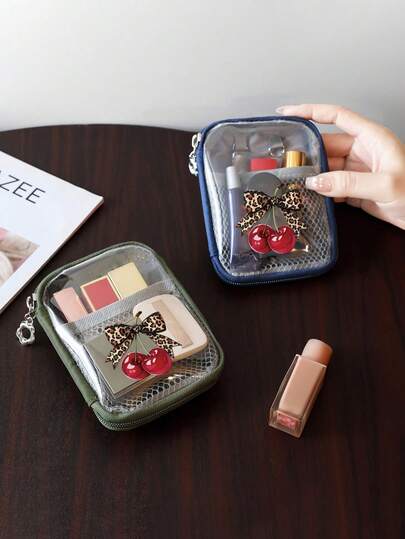 Bolsa de cosméticos portátil minimalista impresa con un patrón de lazo de cereza, bolsa de maquillaje transparente de gran capacidad y resistente al agua con forro, bolsa de cosméticos multifuncional, bolsa de almacenamiento portátil con cojín de aire rojo, suministros para dormitorio, almacenamiento de baño, almacenamiento de joyas, bolsa de almacenamiento de aceite labial y cosméticos, estuche escolar, bolsa de maquillaje, artículos esenciales para vacaciones, almacenamiento de maquillaje, regalos de boda para la novia, regalos para la madre, regalos de cumpleaños, regalos para amigos y maestros