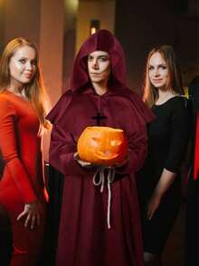 1 Set Medieval Hooded Cloak Monk Robe Wizard Priest Costume For Halloween Cosplay, Includes Robe + Hood + Belt + Necklace - Red - View 2