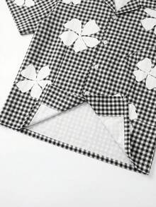 男士格子印花衬衫，宽松黑白格子上衣，方领领衬衫，街头风印花衬衫 - 彩色 - 查看 7