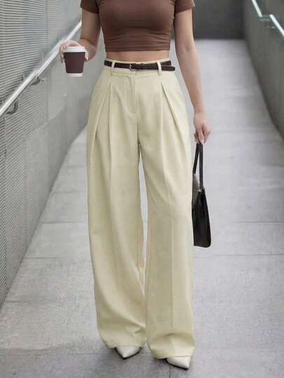 Women's Casual Apricot Open Front Jacket And Wide Leg Loose Pants With Pleated Design (Belt Not Included), Spring
