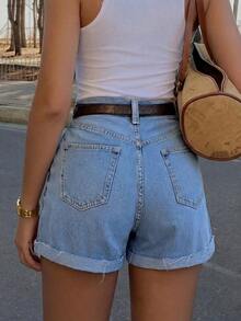 Women's Fashionable Minimalist Classic Mid-Waist Washed Denim Cuffed Shorts - 輕洗 - 查看 4