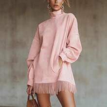 New High-Neck Suede Vintage Loose-Fitting Long-Sleeve Dress With Pockets And Tassels - hồng - Xem 2