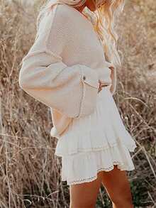 女士白色短裙，松紧腰带，荷叶边下摆和蕾丝花边，适合休闲、度假、运动、高尔夫等场合，夏季穿着。 - 白色 - 查看 3