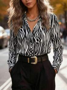 ELVA 女士夏季斑马纹纽扣衬衫，休闲办公通勤商务会议婚礼宾客毕业典礼度假上衣春季款 - 黑與白 - 查看 8