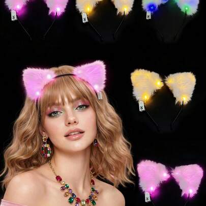 4 chiếc băng đô tai mèo bông xù có đèn LED, phụ kiện tóc dễ thương cho nữ dự tiệc (nhiều màu), thích hợp làm quà tặng dự tiệc, biểu diễn, đám cưới, sinh nhật, trang trí nhà cửa, hộp đêm, đồ dùng phát sáng cho bữa tiệc, đạo cụ huỳnh quang.