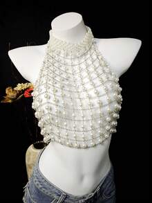 Sexy Shiny Faux Pearl Bralette, Wild Style Goddess Lingerie Highlights Graceful Figure, Versatile Pearl Bra With Back Straps, Bikini Style - White - View 11