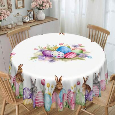 1pc Easter Theme Tablecloth, Polyester Round And Rectangular Tablecloth, Suitable For Home Dining And Party Decoration, Spring Floral, Rabbit, Egg Plaid Design, Perfect For Family Gathering, Party, Holiday Table Decor, Coffee Table, Tea Table, Dining Table, Housewarming & Holiday Gift