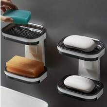 Self-Draining Double Layer Wall Mounted Soap Dish - No Drilling, Square Plastic Soap Holder, Bathroom & Shower Storage Organizer - Multicolor - View 1