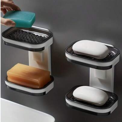 Self-Draining Double Layer Wall Mounted Soap Dish - No Drilling, Square Plastic Soap Holder, Bathroom & Shower Storage Organizer